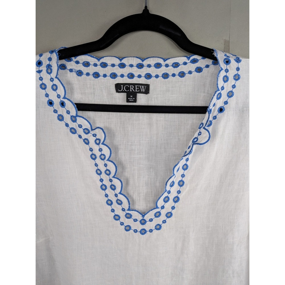 J. Crew Womens Bungalow Linen Embroidered Top Sz M White Blue Boho Cottagecore - Picture 3 of 11